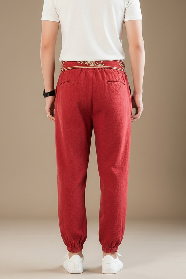 Pantalon Japonais Rouge Brodé Harem Décontracté Coton - vue 2