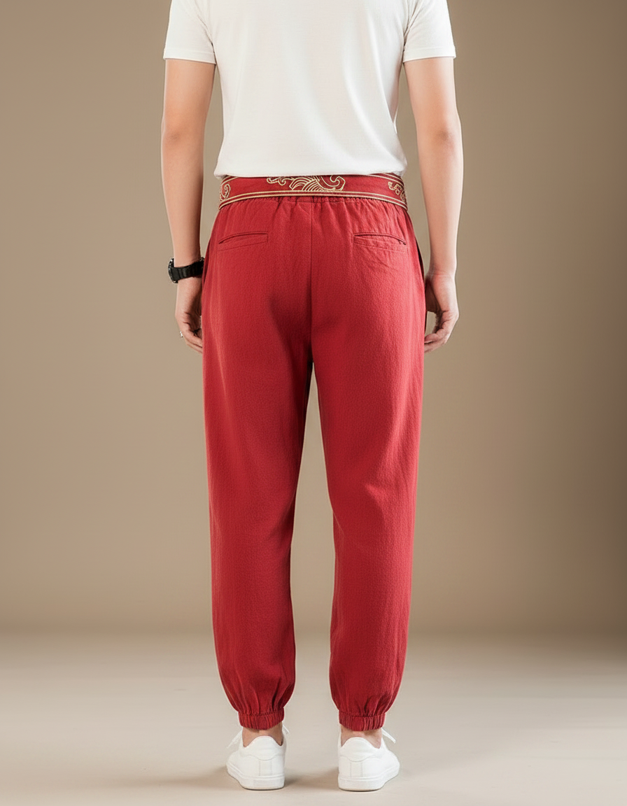 Pantalon Japonais Rouge Brodé Harem Décontracté Coton - vue 2