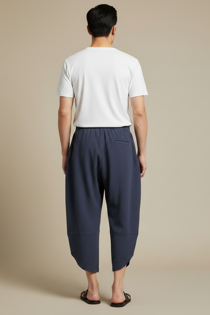 Pantalon Japonais Bleu Coton Ample Décontracté Cropped - Marine - vue 2