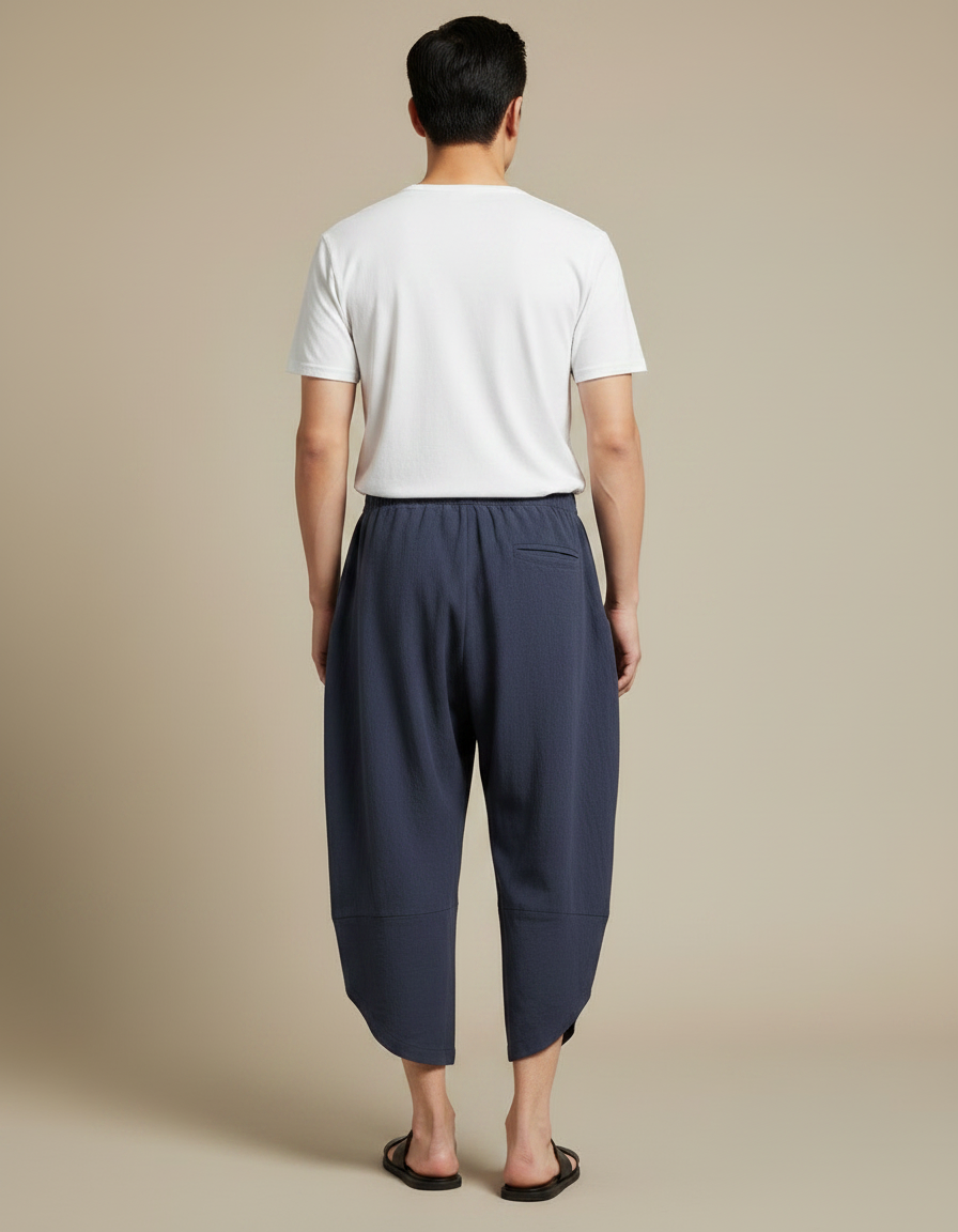 Pantalon Japonais Bleu Coton Ample Décontracté Cropped - Marine - vue 2