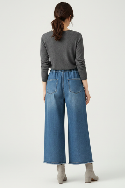 Pantalon Japonais Denim Ample Brodé Fleurs Décontracté - Bleu Jean - vue 2