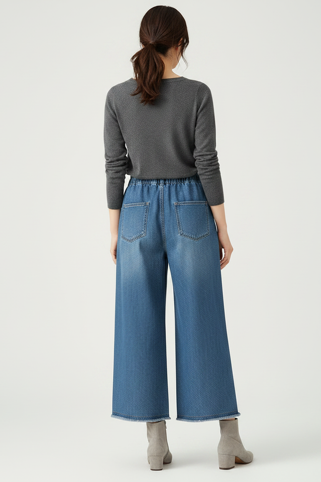 Pantalon Japonais Denim Ample Brodé Fleurs Décontracté - Bleu Jean - vue 2