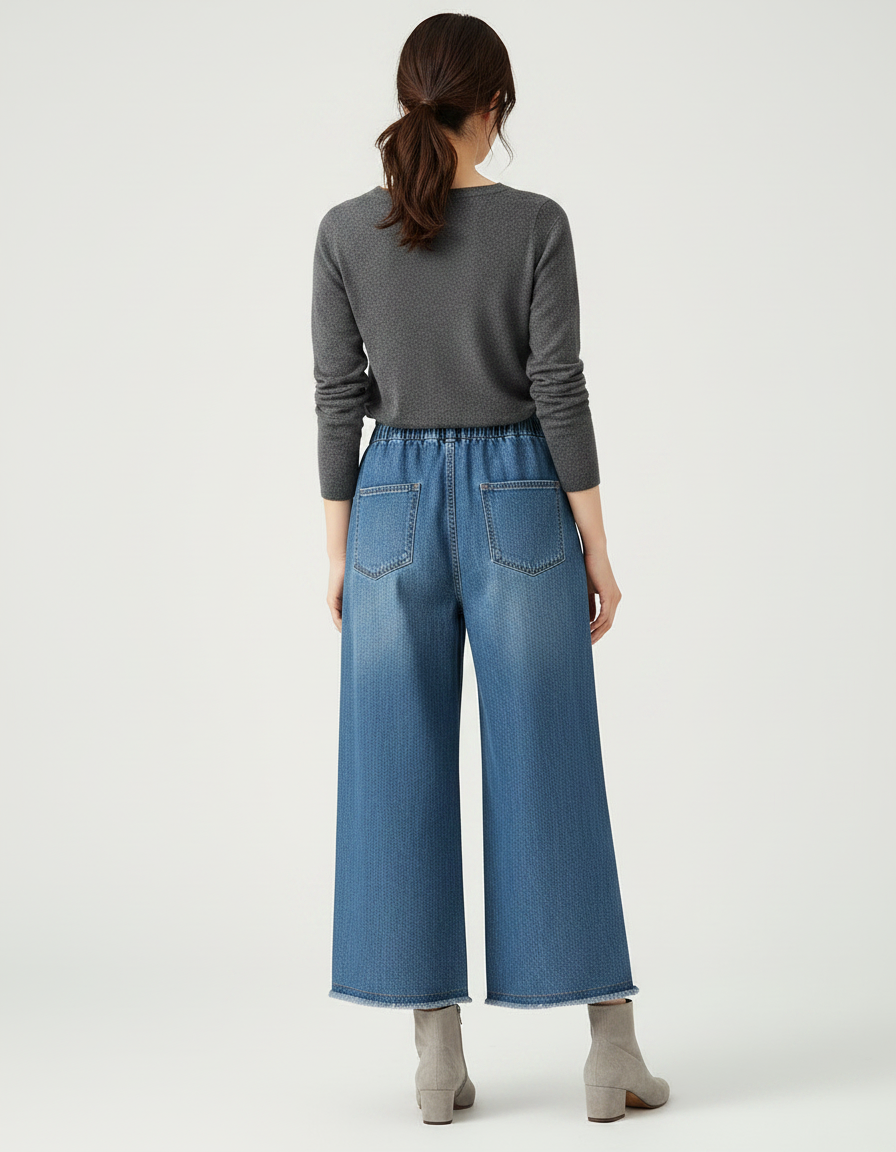 Pantalon Japonais Denim Ample Brodé Fleurs Décontracté - Bleu Jean - vue 2
