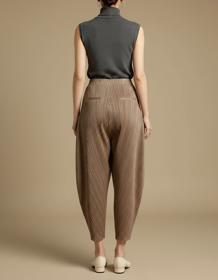 Pantalon Japonais Plissé Ample Marron Texturé Élégant Femme - Camel Polyester - vue 2