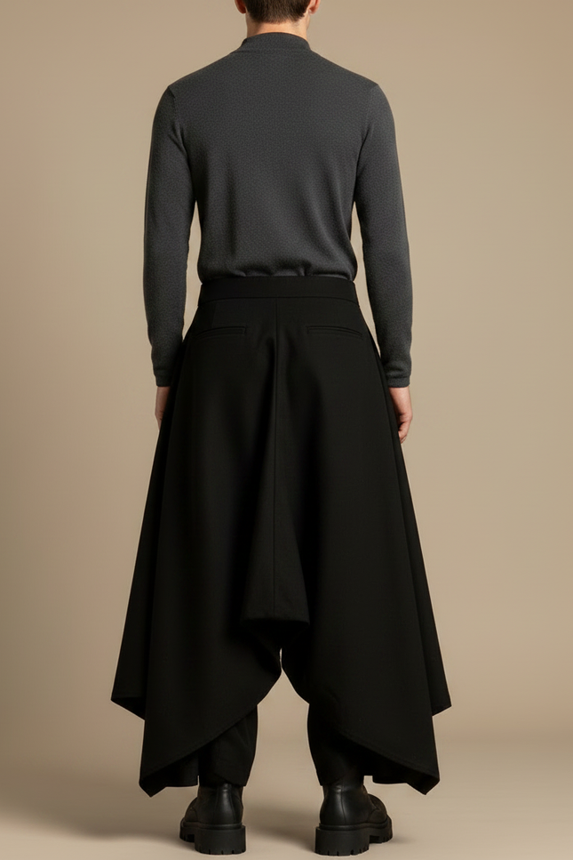 Pantalon Japonais Noir Ample Asymétrique Plissé Moderne - Gabardine - vue 2