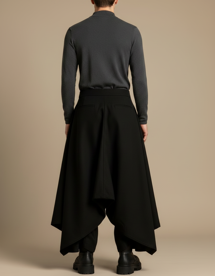 Pantalon Japonais Noir Ample Asymétrique Plissé Moderne - Gabardine - vue 2