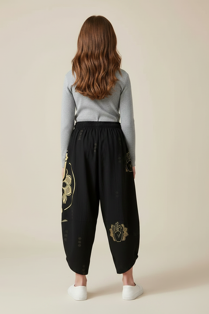 Pantalon Japonais Noir Ample Imprimé Doré Enfant - Viscose - vue 2