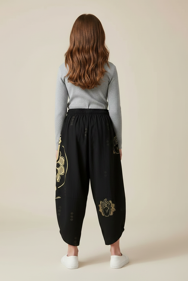 Pantalon Japonais Noir Ample Imprimé Doré Enfant - Viscose - vue 2