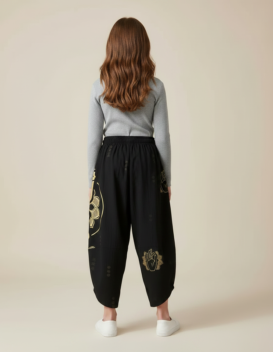 Pantalon Japonais Noir Ample Imprimé Doré Enfant - Viscose - vue 2
