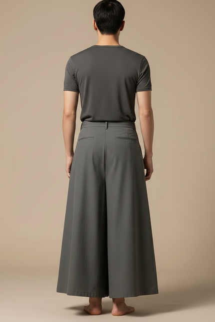 Pantalon Japonais Gris Ample Fluide Ceinturé Coton - vue 2