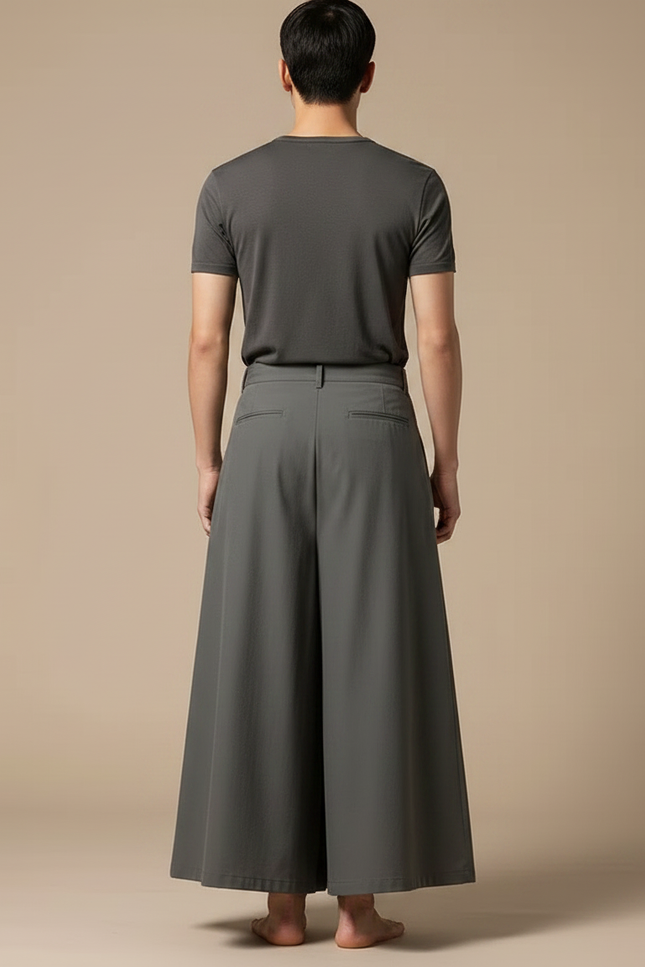 Pantalon Japonais Gris Ample Fluide Ceinturé Coton - vue 2
