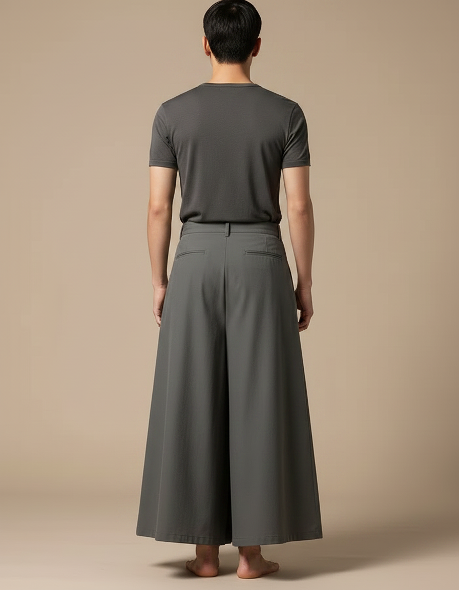 Pantalon Japonais Gris Ample Fluide Ceinturé Coton - vue 2