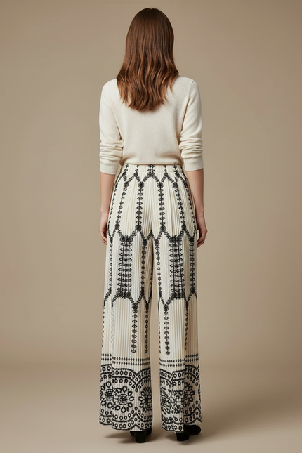Pantalon Japonais Plissé Brodé Fluide Écru Élégant - Beige Polyester - vue 2