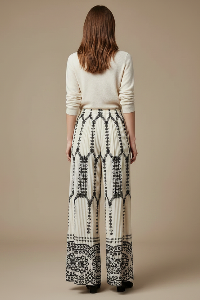 Pantalon Japonais Plissé Brodé Fluide Écru Élégant - Beige Polyester - vue 2