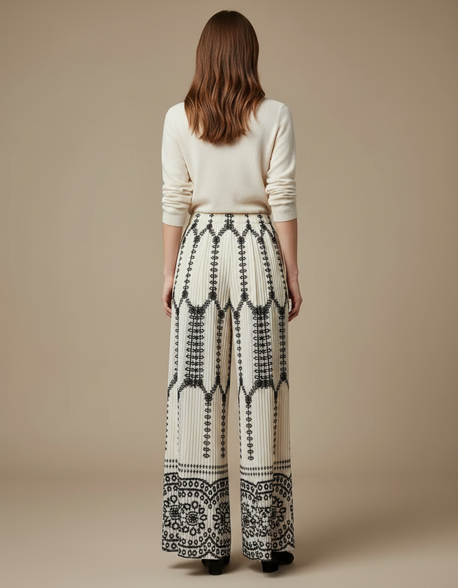 Pantalon Japonais Plissé Brodé Fluide Écru Élégant - Beige Polyester - vue 2