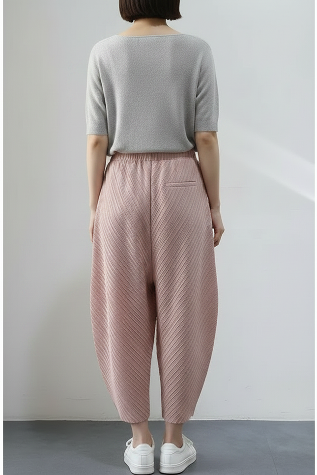 Pantalon Japonais Plissé Rose Ample Élastique Fluide - Polyester - vue 2