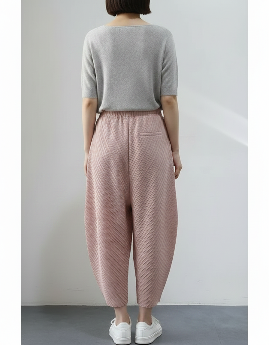 Pantalon Japonais Plissé Rose Ample Élastique Fluide - Polyester - vue 2