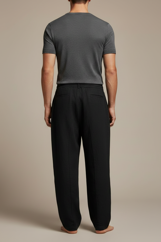 Pantalon Japonais Noir Fluide Cordon Décontracté Lin - vue 2