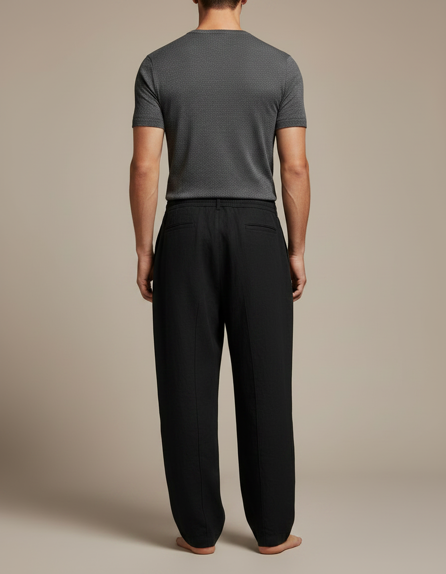 Pantalon Japonais Noir Fluide Cordon Décontracté Lin - vue 2