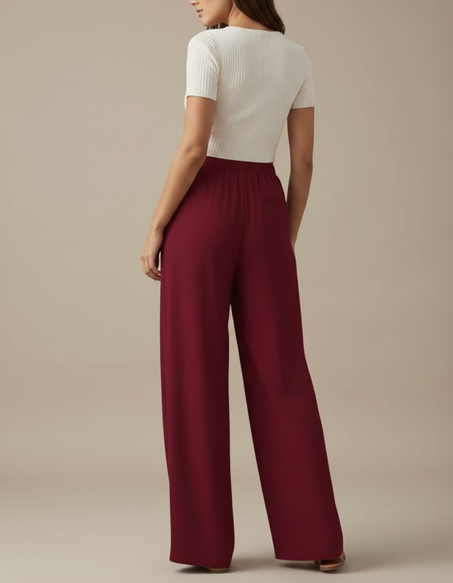 Pantalon Japonais Rouge Ample Fluide Décontracté Femme - Bordeaux Viscose - vue 2