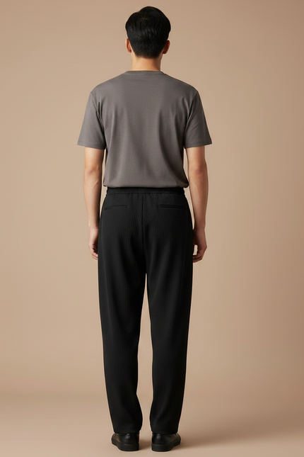 Pantalon Japonais Noir Plissé Ample Cordon Fluide - Polyester - vue 2