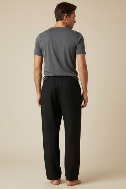 Pantalon Japonais Noir Coton Lin Ample Décontracté - vue 2