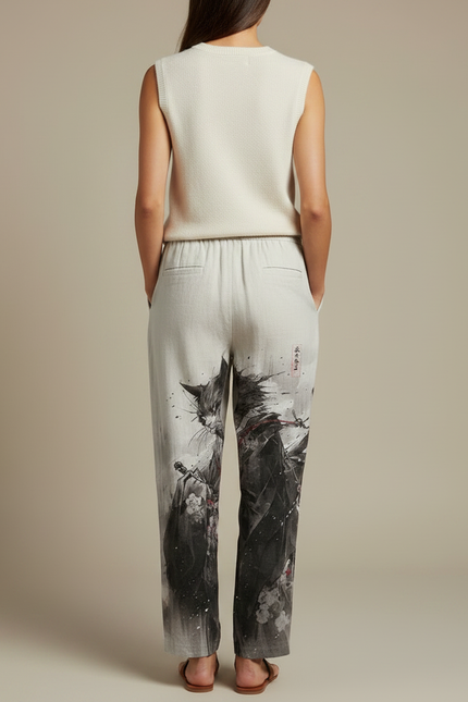 Pantalon Japonais Gris Imprimé Chat Samurai Ample - Lin - vue 2