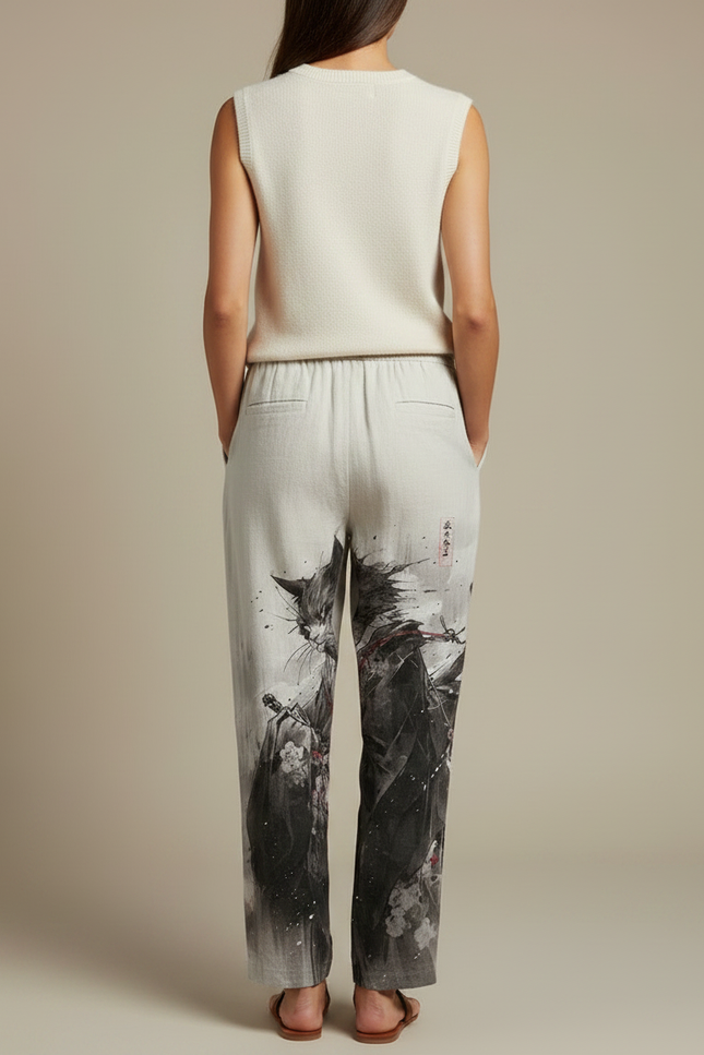 Pantalon Japonais Gris Imprimé Chat Samurai Ample - Lin - vue 2