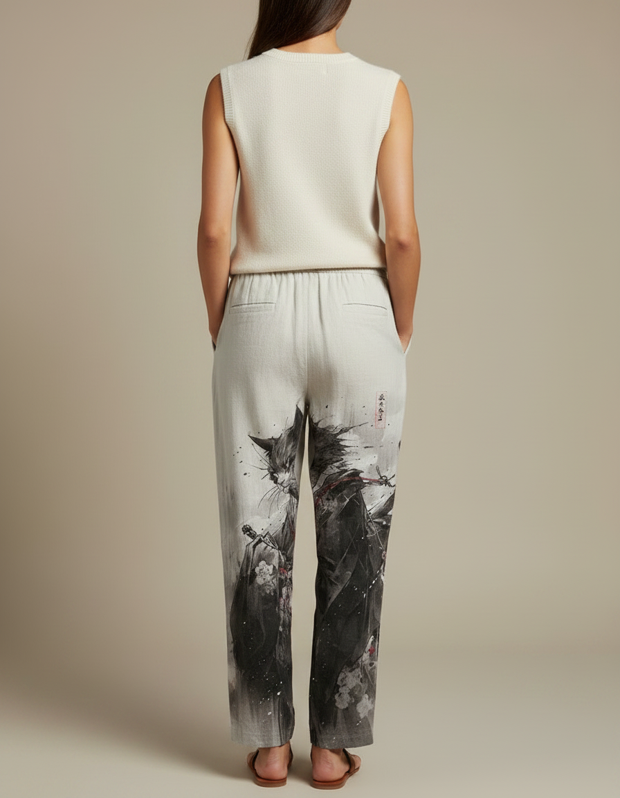 Pantalon Japonais Gris Imprimé Chat Samurai Ample - Lin - vue 2