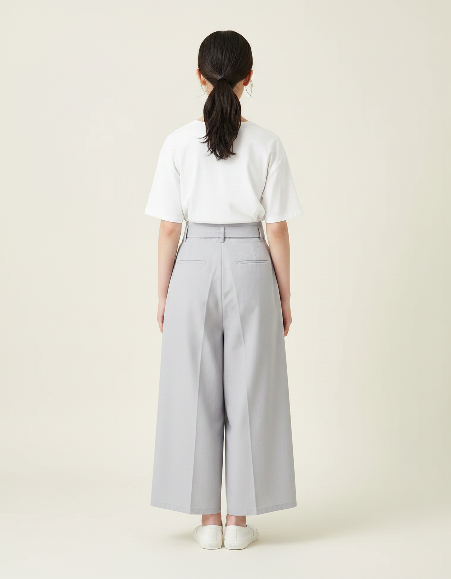 Pantalon Japonais Gris Plissé Ample Ceinturé Élégant - Polyester - vue 2