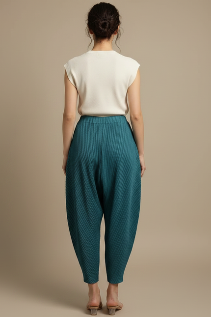 Pantalon Japonais Plissé Ample Bleu Canard Texturé - Polyester - vue 2