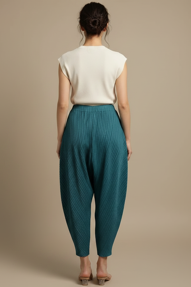 Pantalon Japonais Plissé Ample Bleu Canard Texturé - Polyester - vue 2
