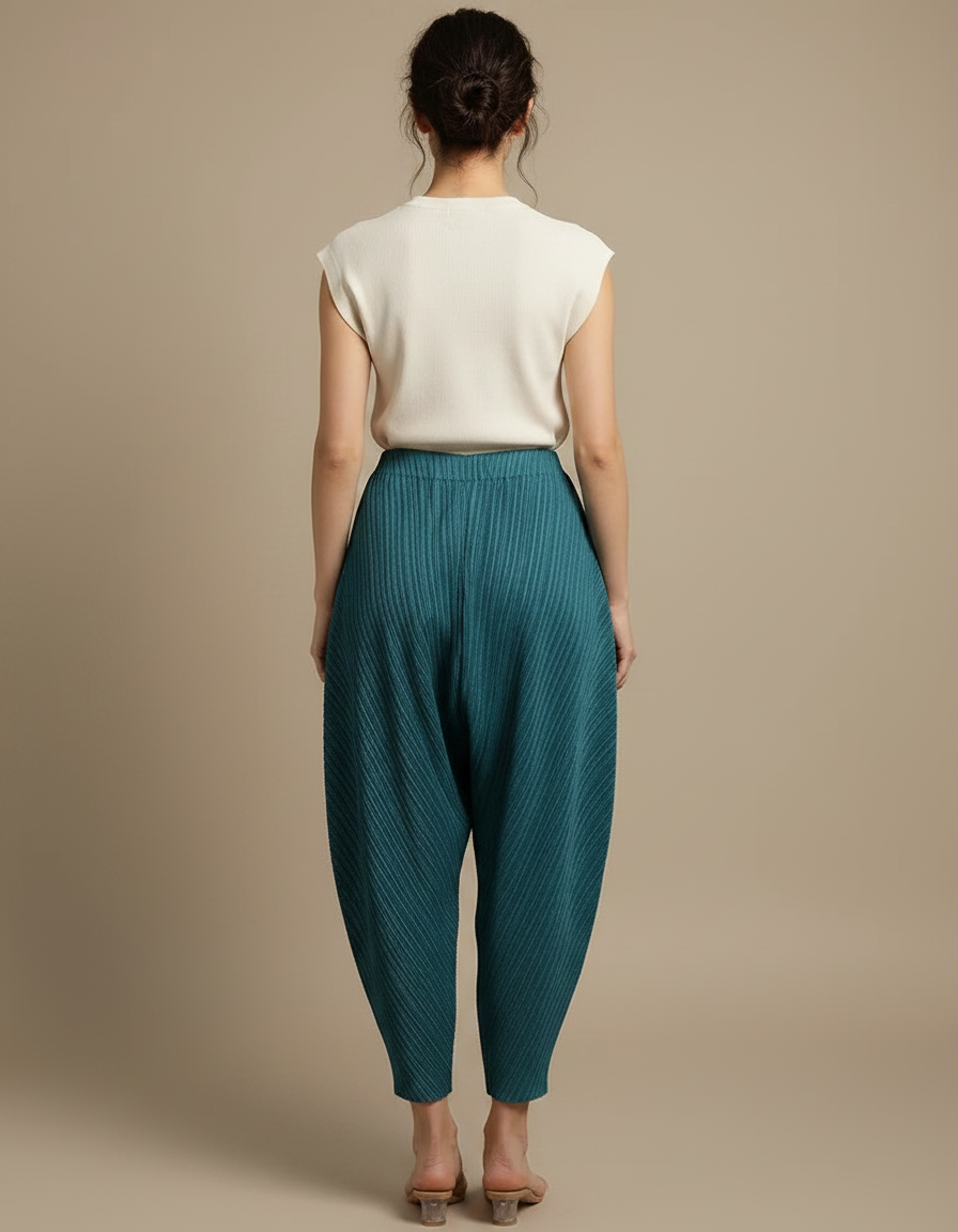 Pantalon Japonais Plissé Ample Bleu Canard Texturé - Polyester - vue 2