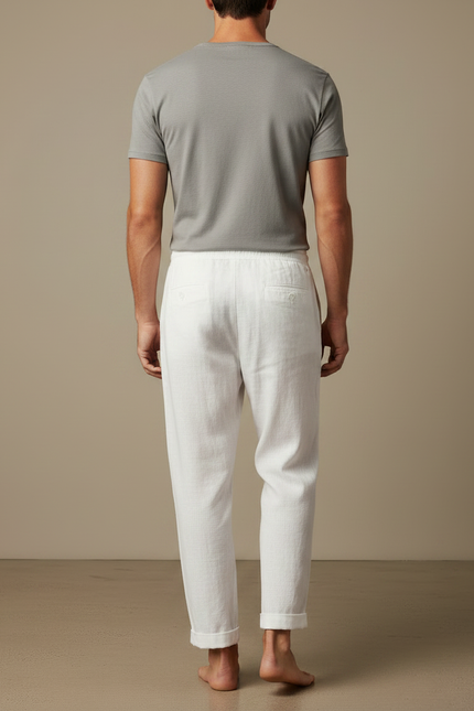 Pantalon Japonais Blanc Lin Ample Décontracté Cordon Homme - vue 2