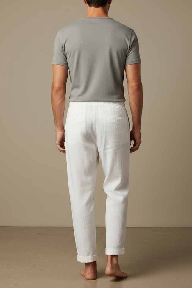 Pantalon Japonais Blanc Lin Ample Décontracté Cordon Homme - vue 2