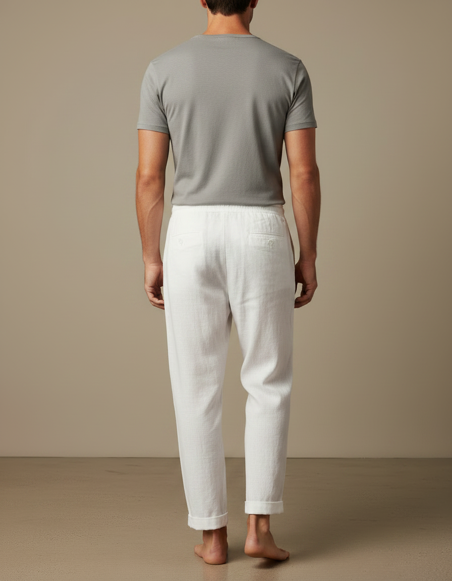 Pantalon Japonais Blanc Lin Ample Décontracté Cordon Homme - vue 2