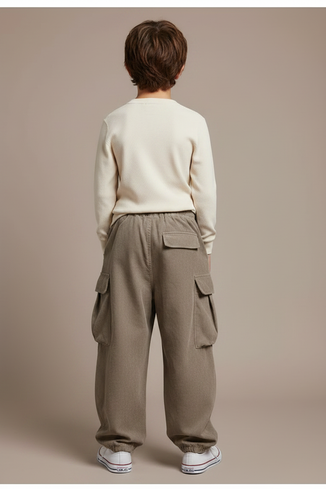 Pantalon Japonais Cargo Ample Côtelé Beige Garçon - Kaki Cordé - vue 2