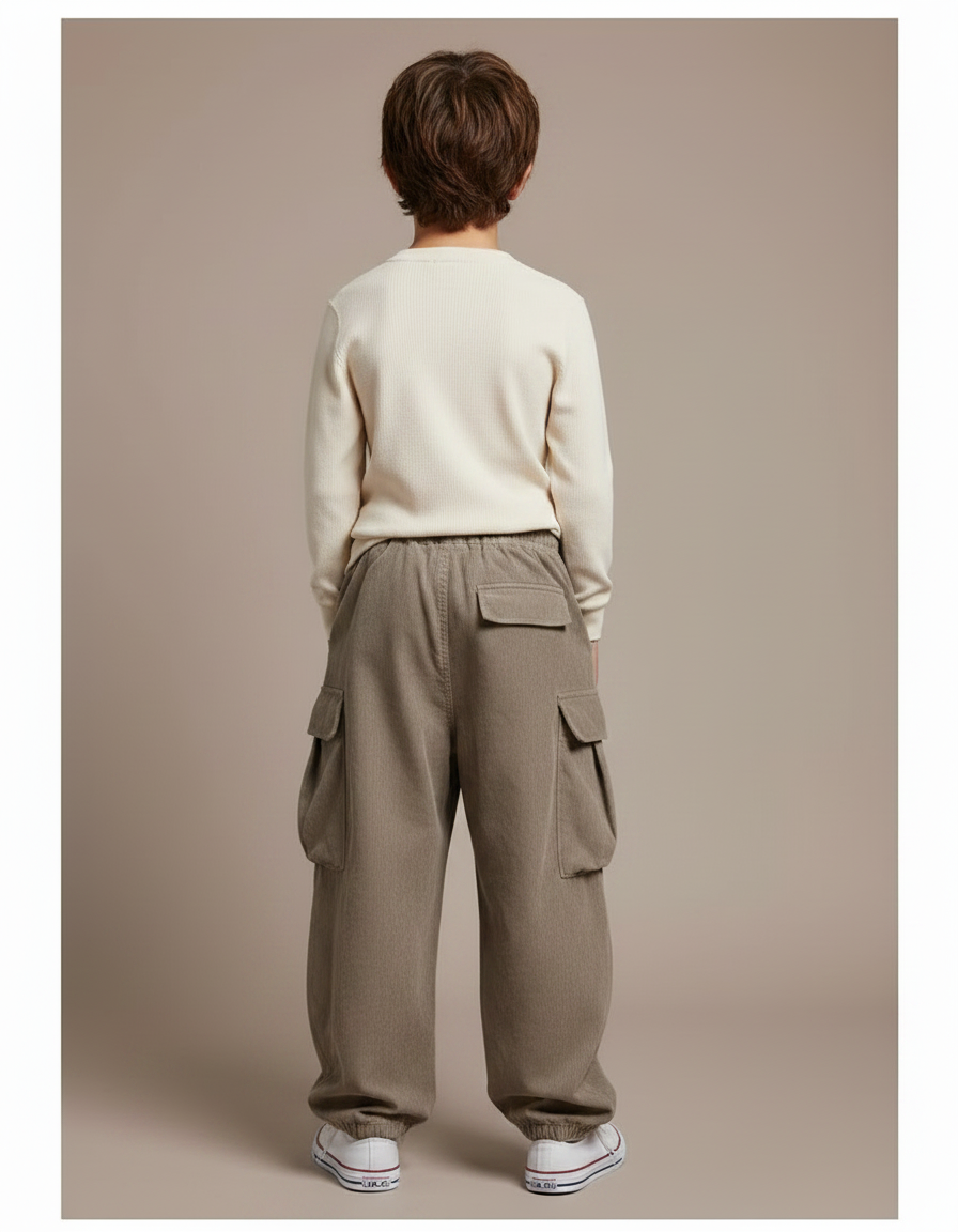 Pantalon Japonais Cargo Ample Côtelé Beige Garçon - Kaki Cordé - vue 2