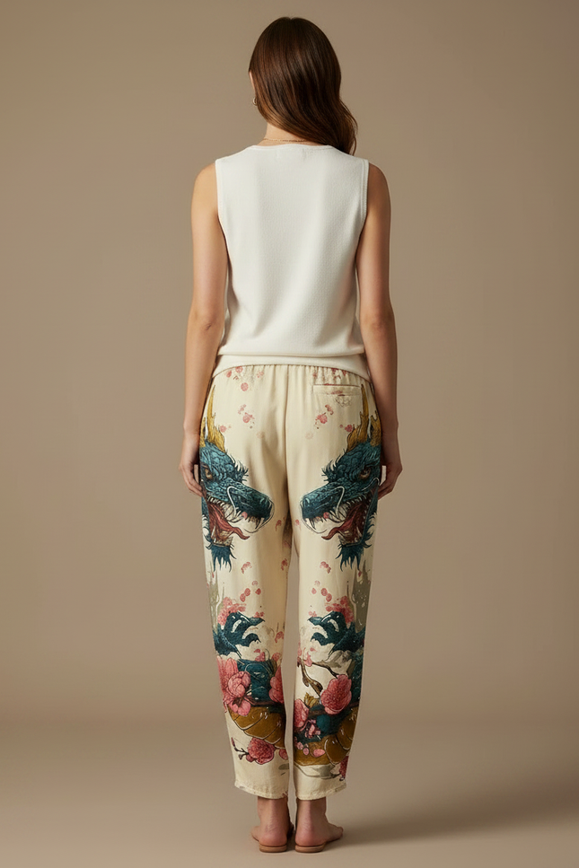 Pantalon Japonais Beige Ample Imprimé Dragon Floral - Viscose - vue 2