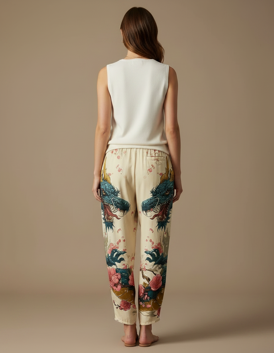 Pantalon Japonais Beige Ample Imprimé Dragon Floral - Viscose - vue 2