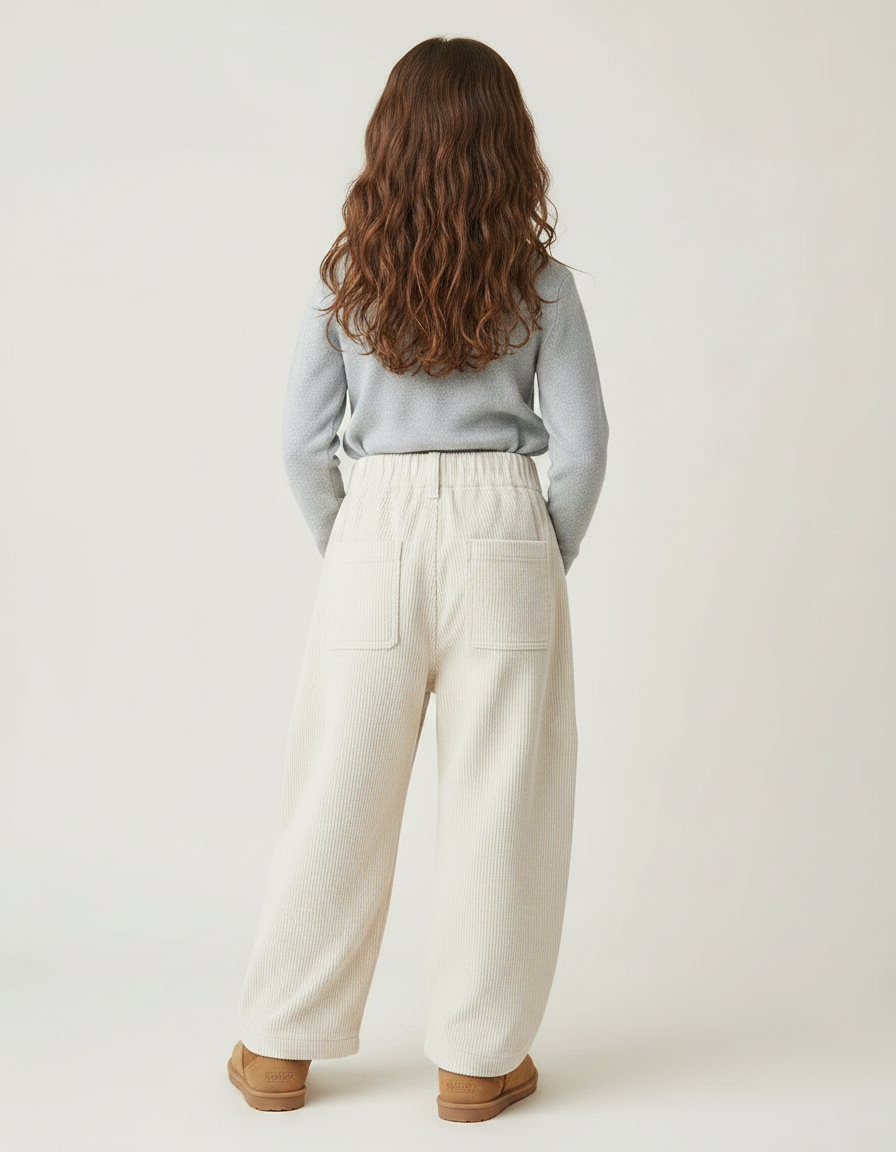 Pantalon Japonais Crème Côtelé Ample Élastique Enfant - Beige Cordé - vue 2