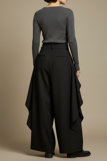 Pantalon Japonais Noir Ample Asymétrique Fluide Élégant - Polyester - vue 2