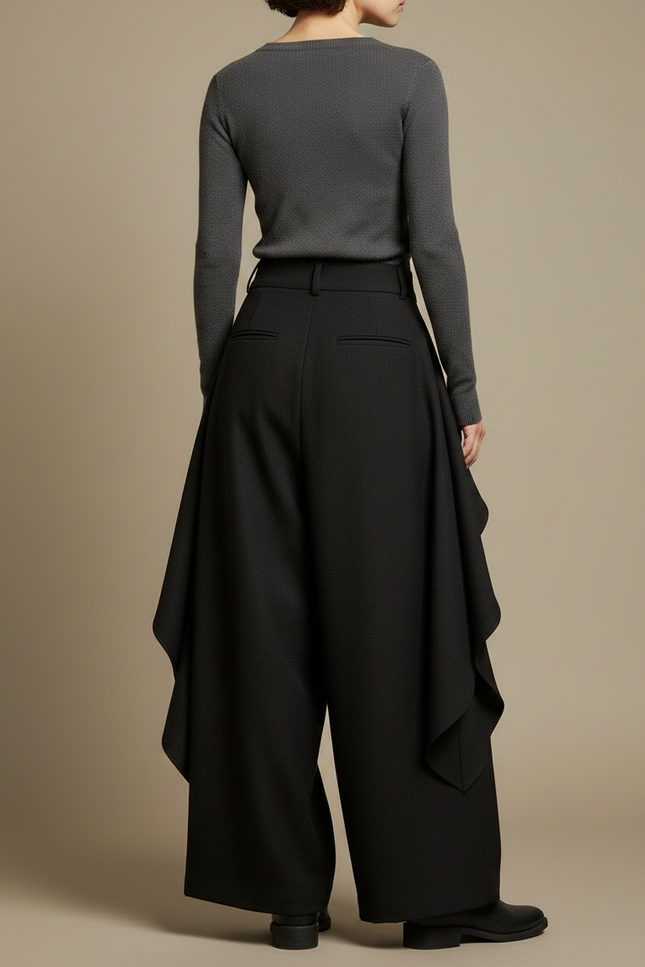 Pantalon Japonais Noir Ample Asymétrique Fluide Élégant - Polyester - vue 2