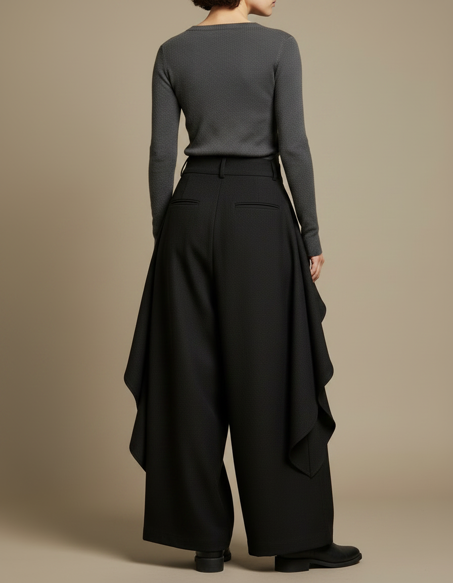 Pantalon Japonais Noir Ample Asymétrique Fluide Élégant - Polyester - vue 2