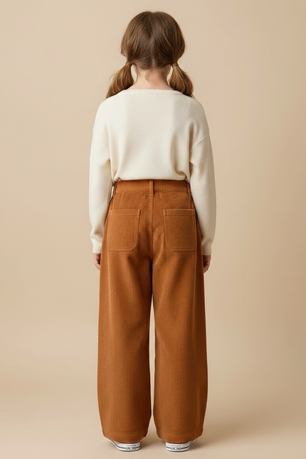 Pantalon Japonais Marron Côtelé Ample Droit Enfant - Cordé - vue 2