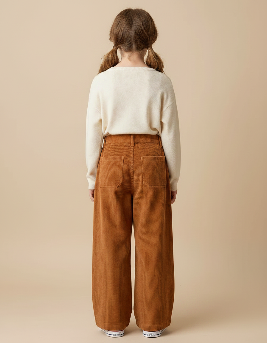 Pantalon Japonais Marron Côtelé Ample Droit Enfant - Cordé - vue 2