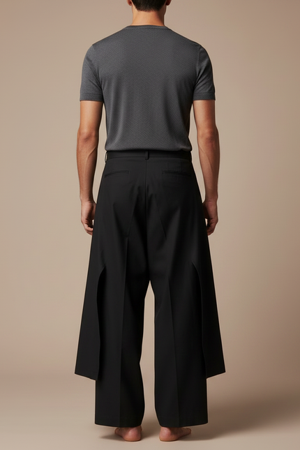 Pantalon Japonais Noir Ample Asymétrique Superposé Unisexe - Gabardine - vue 2