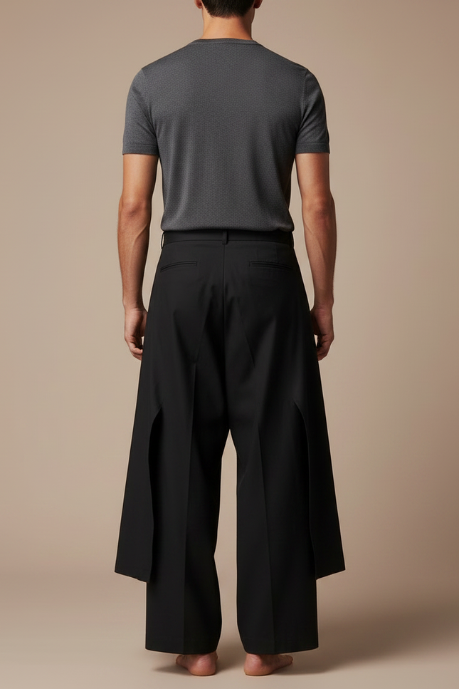 Pantalon Japonais Noir Ample Asymétrique Superposé Unisexe - Gabardine - vue 2