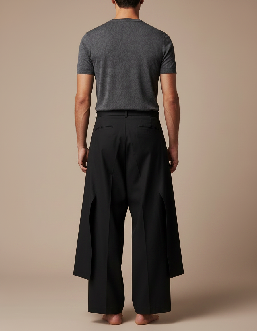 Pantalon Japonais Noir Ample Asymétrique Superposé Unisexe - Gabardine - vue 2