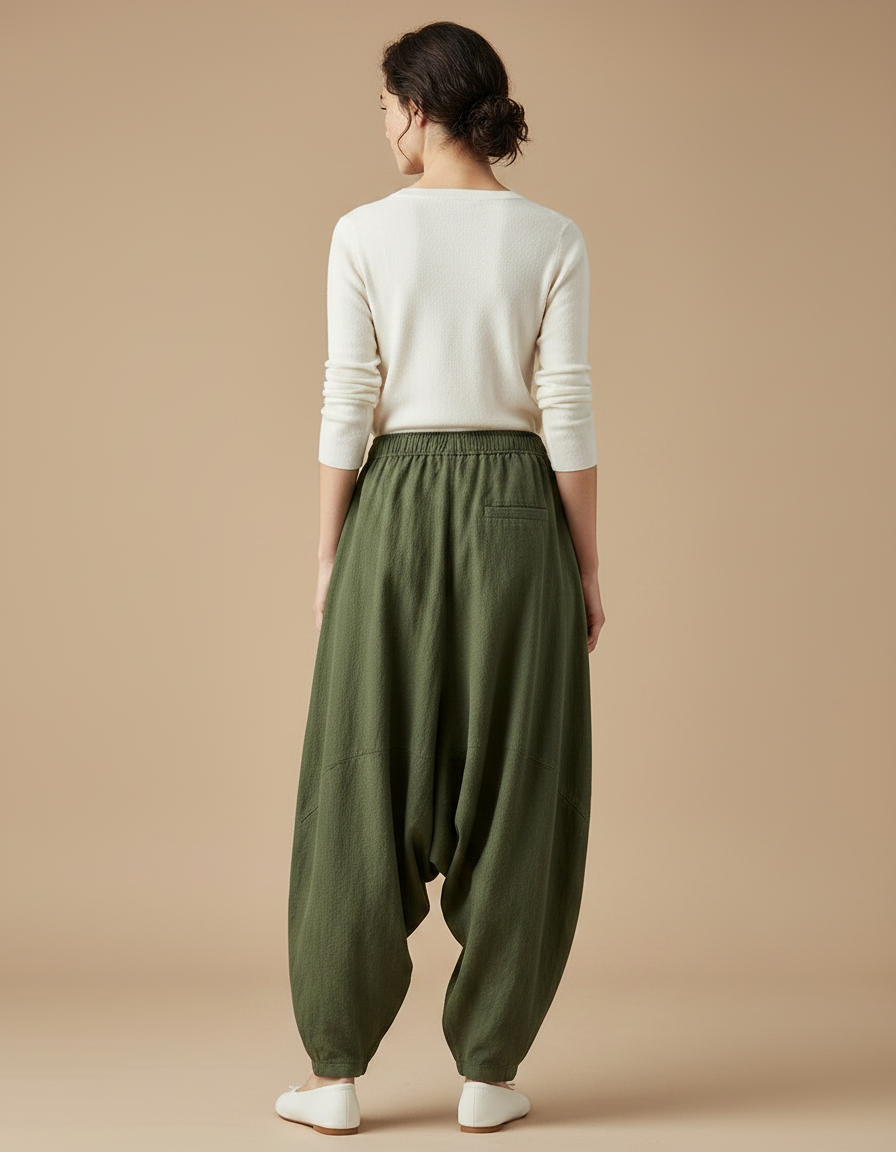 Pantalon Japonais Kaki Ample Lin Confortable Décontracté - vue 2